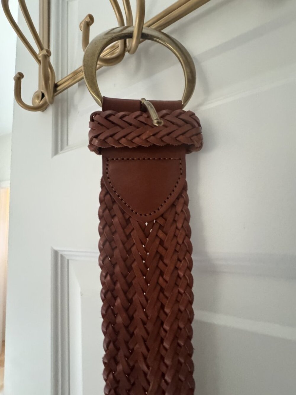 Anthropologie Cognac Braided Leather Elastic Belt XS/S Gold Ring Buckle - Picture 5 of 6